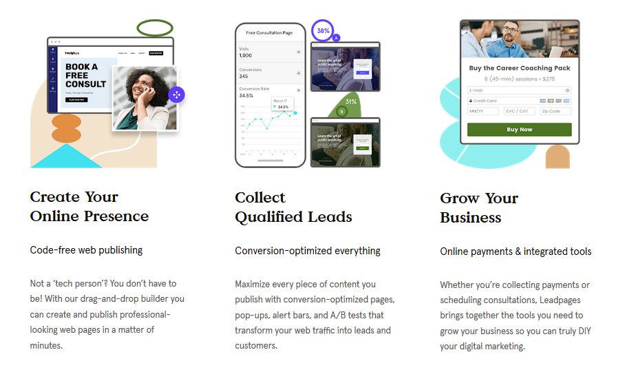 Leadpages provide a complete lead generation toolkit. Pop-ups for Lead Generation, Checkout Pages, Easy A/B Testing, Unlimited Publishing, High-Converting Landing Page Designs, Flexible Integrations, Mobile Responsive Landing Page Templates
