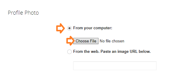 To change the Profile Photo or Thumbnail scroll down to "Profile Photo" section. Choose "From your computer:" Click the Choose File button.