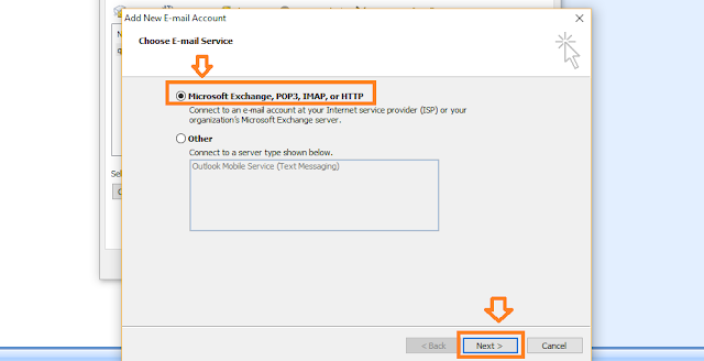 Select Microsoft Exchange, POP3, IMAP, or HTTP. Click on the Next button.