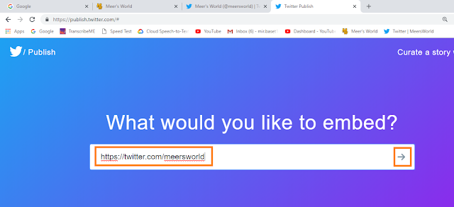 Go to https://publish.twitter.com/. In the What would you like to embed? Paste the URL of your Twitter Profile and click the Arrow.