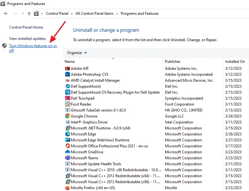 Click on the Turn Windows features on or off link, located at your left side. Click on the Turn Windows features on or off link, located at your left side.