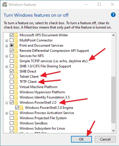 To enable/turn-on/install a feature tick its checkbox. To disable/turn-off/uninstall a feature uncheck its checkbox. You can see the optional features Simple TCPIP Services, Telnet Client, TFTP Client, and Windows PowerShell 2.0.  
