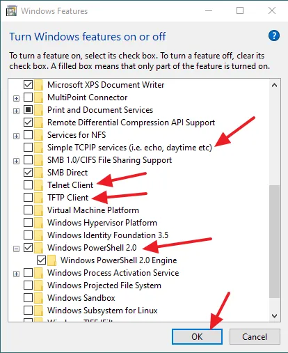 Once you Tick/Untick features, click on the OK button. To enable/turn-on/install a feature tick its checkbox. To disable/turn-off/uninstall a feature uncheck its checkbox. You can see the optional features Simple TCPIP Services, Telnet Client, TFTP Client, and Windows PowerShell 2.0.