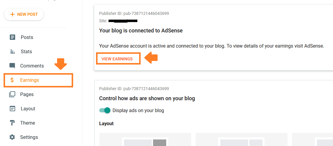 Login to your Blogger Dashboard & click "Earnings". Click "VIEW EARNINGS"