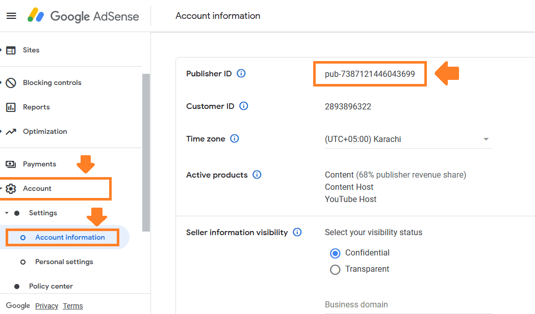 On your AdSense Account and click the "Account" from the sidebar. Expand the Settings tab and click "Account Information". Copy the "Publisher ID".