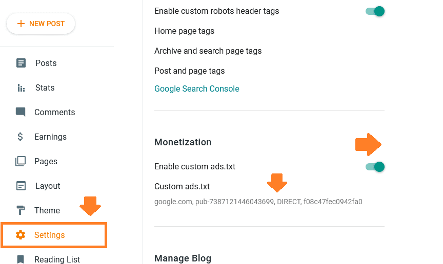 Turn the slider towards your right to enable the "Enable custom ads.txt" and Click the "Custom ads.txt".