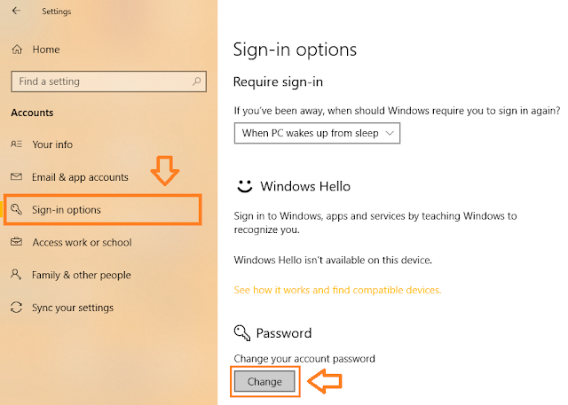Click on the Sign-in options. Under the Password section, click on the Change button.
