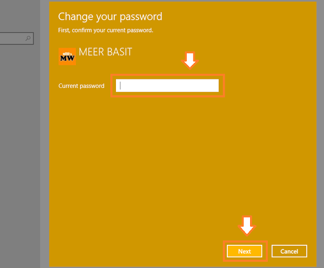 Enter your Current (old) password and click on the Next button.