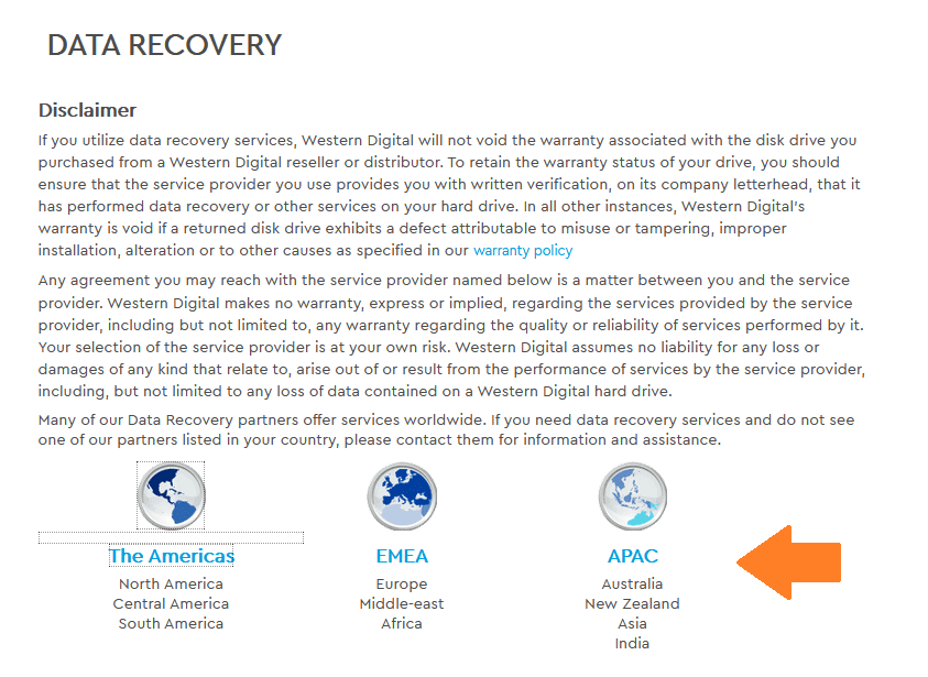Go to WD Data Recovery Partners Official Page, and choose your Region. There are three main regions i.e. The Americas, EMEA, & APAC.