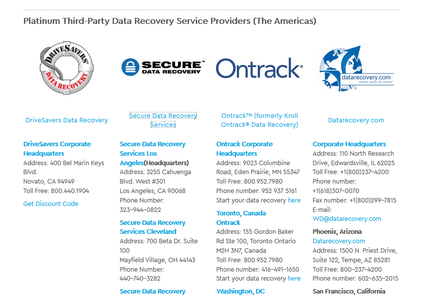 Here you can see that I have opened the WD Data Recovery Partners in The Americas. You can see the details of different Data Recovery Partners, like Contact Number, Fax Number, Address, Country, State, Headquarters, etc.