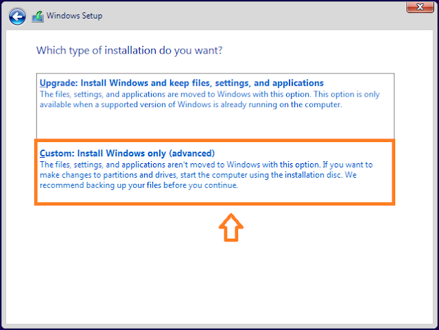 Click on the "Custom: Install Windows only (advanced).