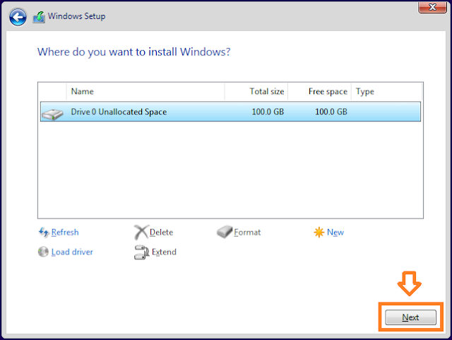 Select the Drive 0 unallocated Space and click on the Next button.