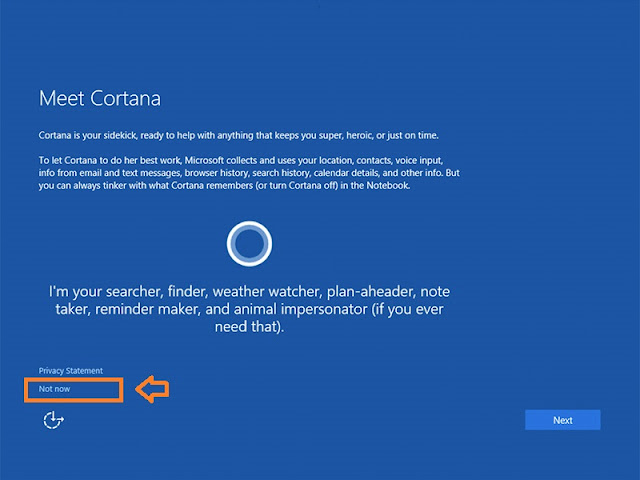 Click on the Not now link. Don't install Cortana.
