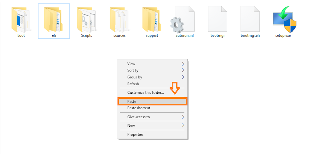 Open the USB drive. Right-click on it and click on the Paste to copy the setup files.