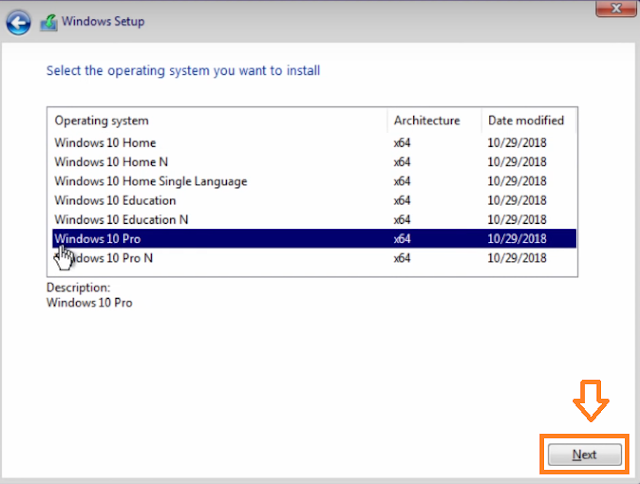 Choose the version of Windows 10. Most common version is Windows 10 Pro. Click on the Next button.