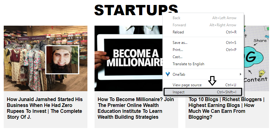 Right-click on the heading of widget. Below, the heading name is STARTUPS. Click Inspect.