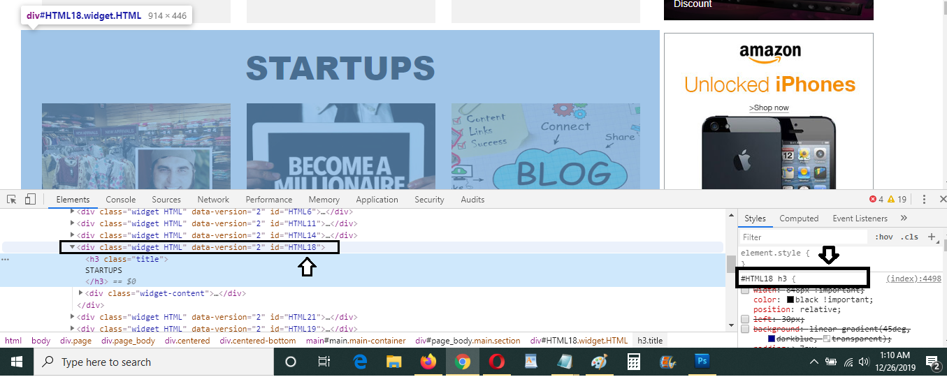 You can see that ID for widget STARTUPS is HTML18. Now replace the ID in code with the ID that you will find.