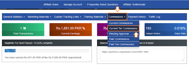 Click on the Commissions. Click on the Current Tier Commissions to see how much you have earned commissions (10 or 1%) from their sales.