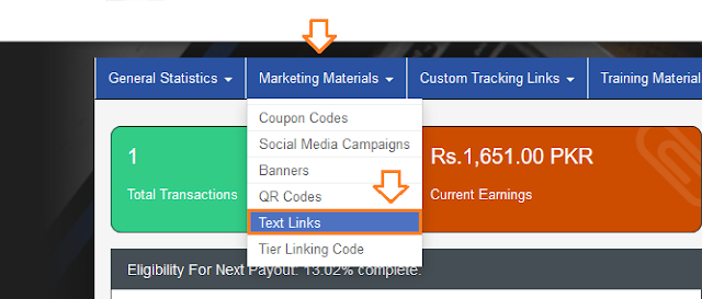 To share Inspedium text links click on the Marketing Materials. Click on the Text Links.