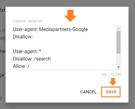 Now Copy & Paste the Custom Robot.txt code here. Click Save.