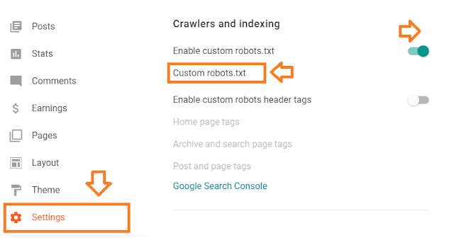 Go to Sidebar and click Settings. Scroll down to Crawlers and Indexing Section. Turn on the Enable custom robots.txt by dragging the slider towards right. Click "Custom robots.txt".