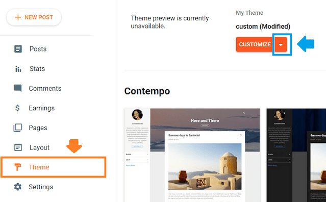 Click "Theme" from the sidebar. Click the "Downward Arrow" attached with the CUSTOMIZE button.