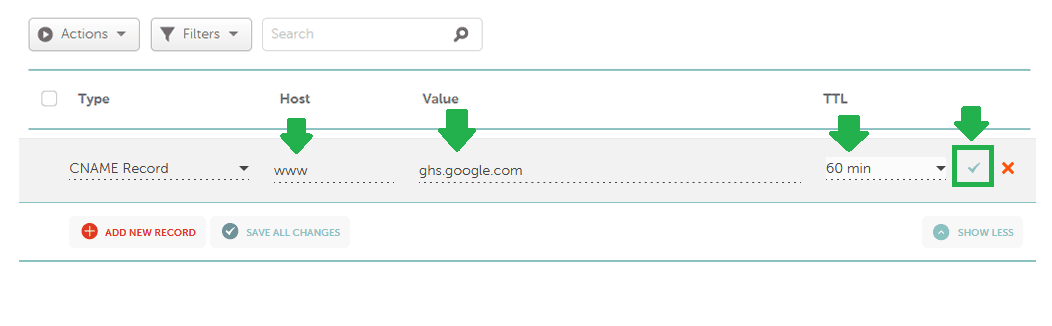 In the first record "www" is Host and "ghs.google.com" is the  Value(Destination URL). "60 min" is the TTL. The TTL stands for Time-To-Live. Click the Tick icon to save the record. Similarly add the second CNAME Record. Set 60 minutes TTL for it.