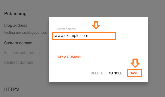 Type your custom domain name like "www.example.com". Click "SAVE".