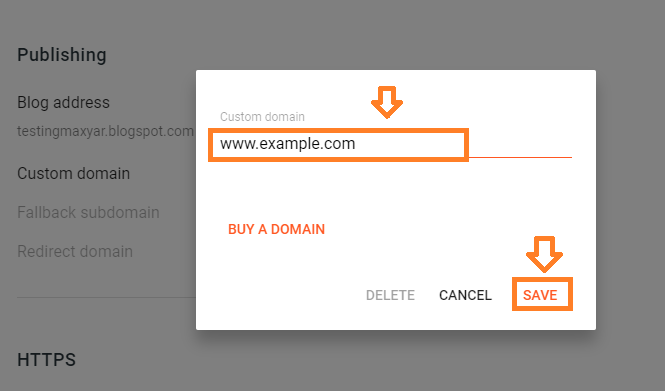 Type your custom domain name like "www.example.com". Click "SAVE". Type your custom domain name like "www.example.com". Click "SAVE".