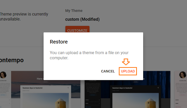 Click the "UPLOAD". Select your theme file from your computer.
