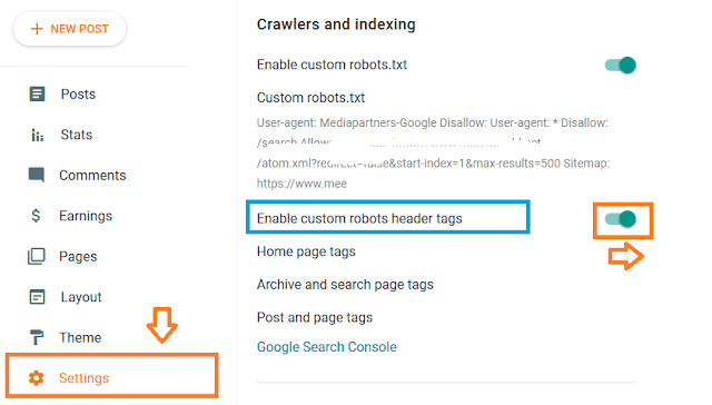 Click Settings from the sidebar. Scroll down to "Crawlers and indexing" section. Drag the slider towards right to Enable custom robots header tags.