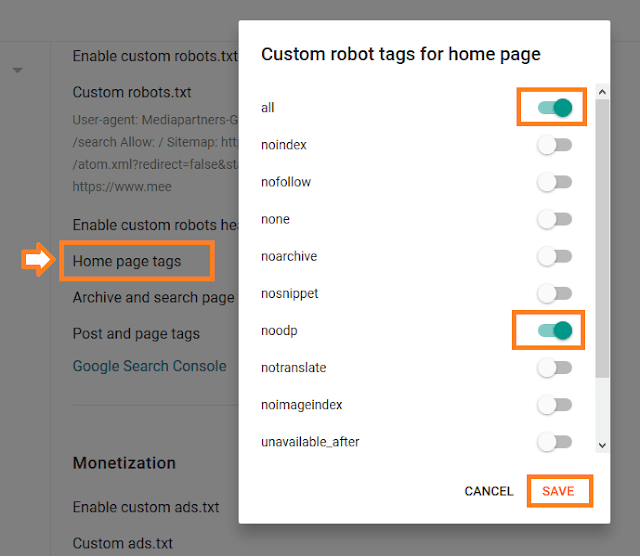 Click the "Home page tags". Enable "all". Enable "noodp". Click SAVE.