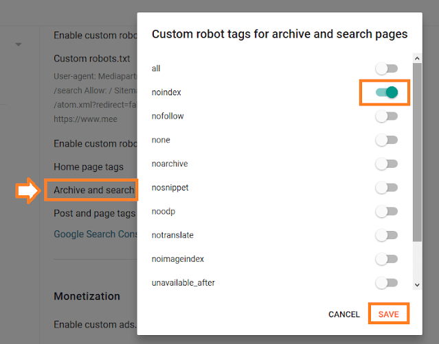Click "Archive and search page tags". Enable "noindex". Click SAVE.