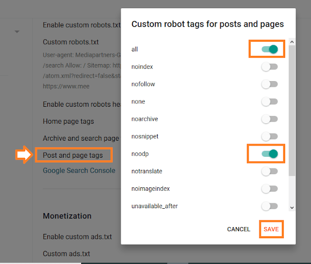 Click "Post and page tags". Enable "all". Enable "noodp". Click SAVE.