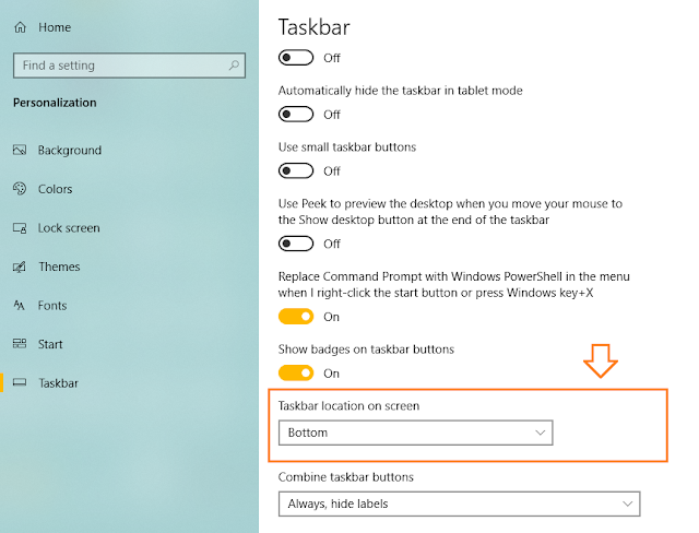 Under the "Taskbar location on screen" you can change the position of Taskbar. There are four options i.e. Left, Right, Top, & Bottom.