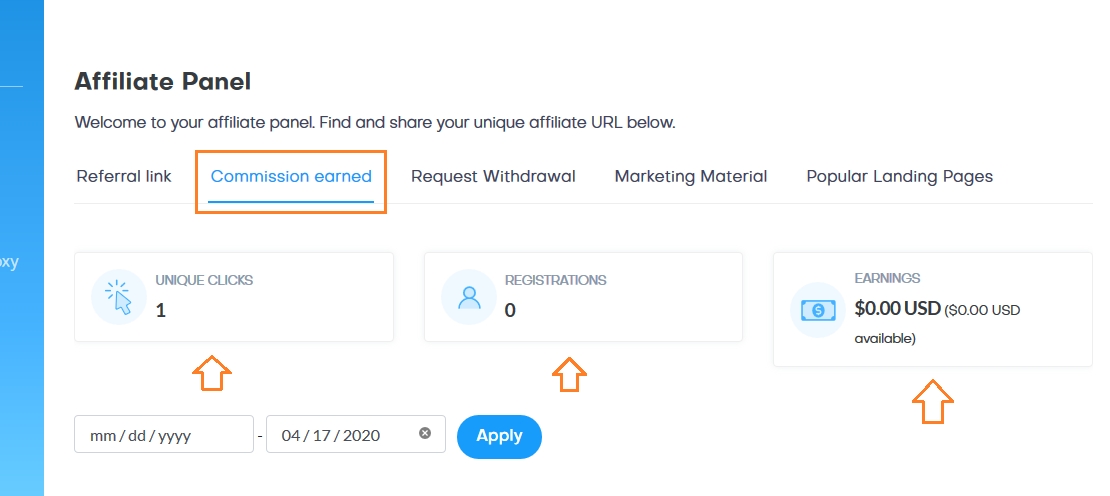Click on the Commission earned tab to check UNIQUE CLICKS, REGISTRATIONS, and your EARNINGS.