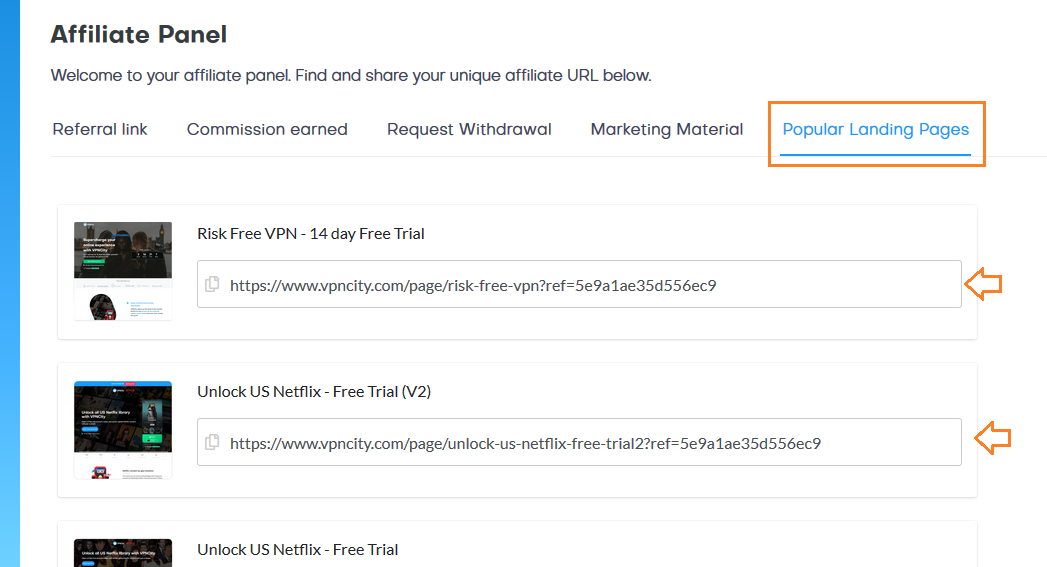 Click on the Popular Landing Pages to get the links of VPNCity landing pages. 