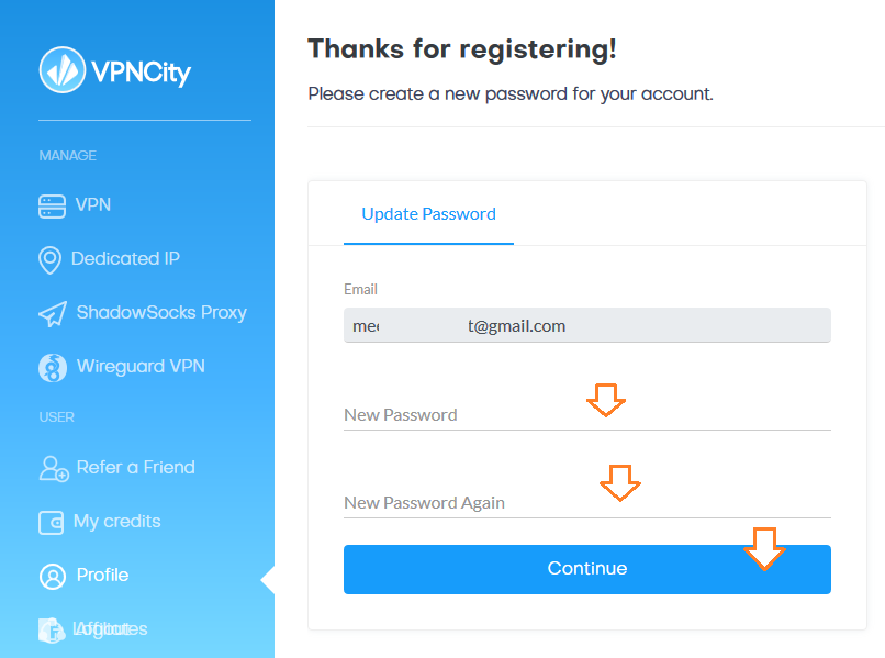 Enter a Password for your account. Click on the Continue button.