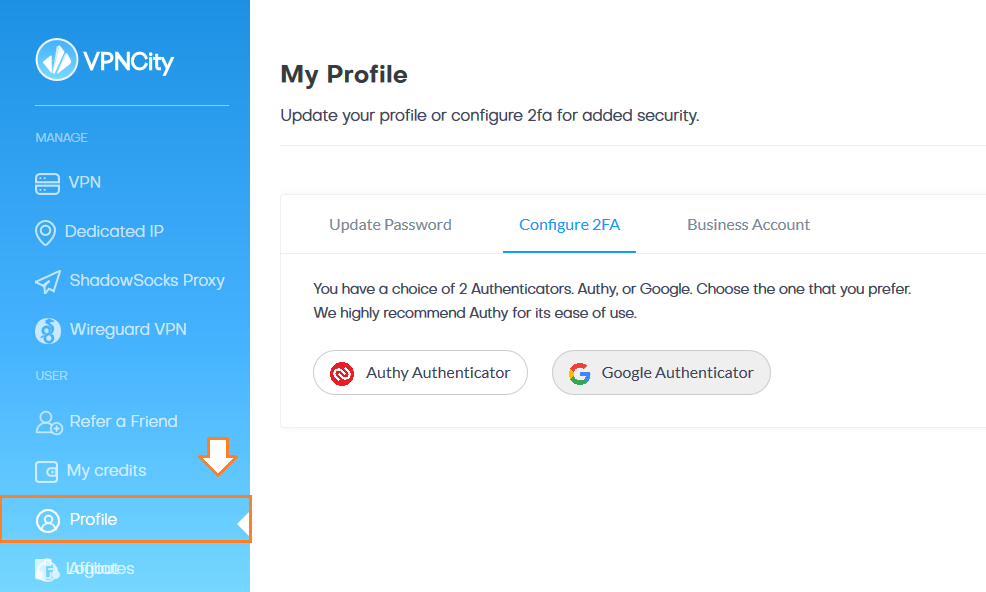 There are two options Authy Authenticator and Google Authenticator. Go to USER section and click on the Profile. Click on the Configure 2FA tab. There are two options Authy Authenticator and Google Authenticator.