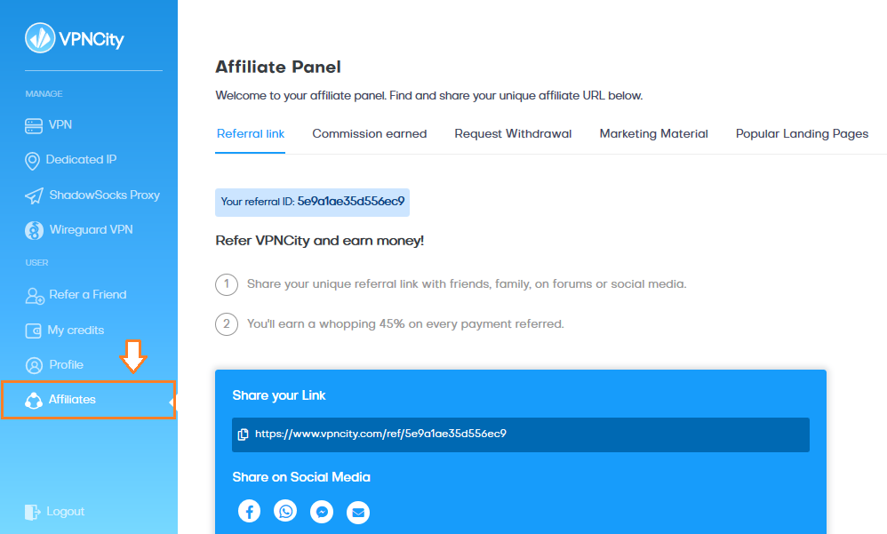 Login to your VPNCity affiliate account. Click on the Affiliates to open the Affiliate Panel.