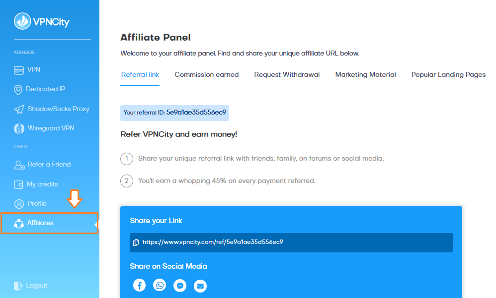 Click on the Affiliates to open the Affiliate Panel. Login to your VPNCity affiliate account. Click on the Affiliates to open the Affiliate Panel.