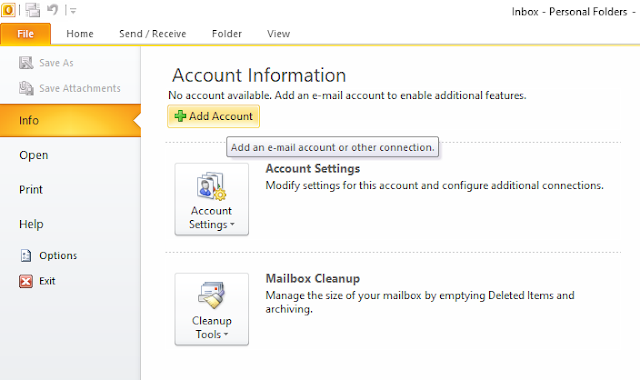 Click on the Add Account button. Click on the File tab, located at top-left corner. Click on the Info tab. Click on the Add Account.