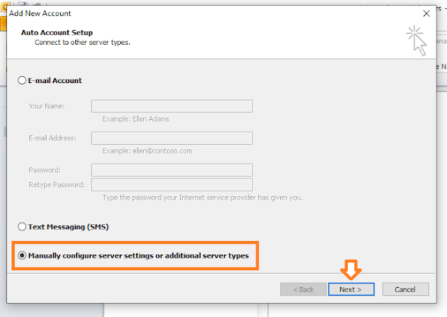 Choose "Manually configure server settings or additional server types". Click on the Next button.