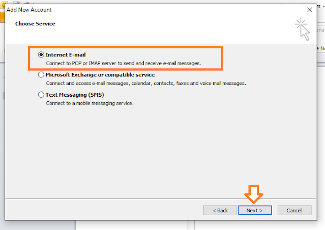 Choose "Internet E-mail". Click on the Next button.