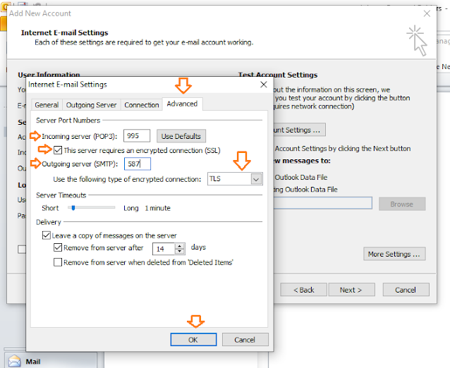 Click on the "Advanced" tab. In "Incoming server (POP3)" enter 995. Tick "This server requires an encrypted connection (SSL)". In "Outgoing server (SMTP)" enter 587. In "Use the following type of encrypted connection" choose TLS. Click on the OK button.