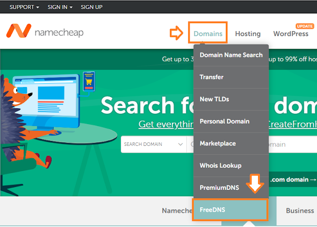 Open Namecheap Official Website. Go to Domains from the menu. Click the FreeDNS.