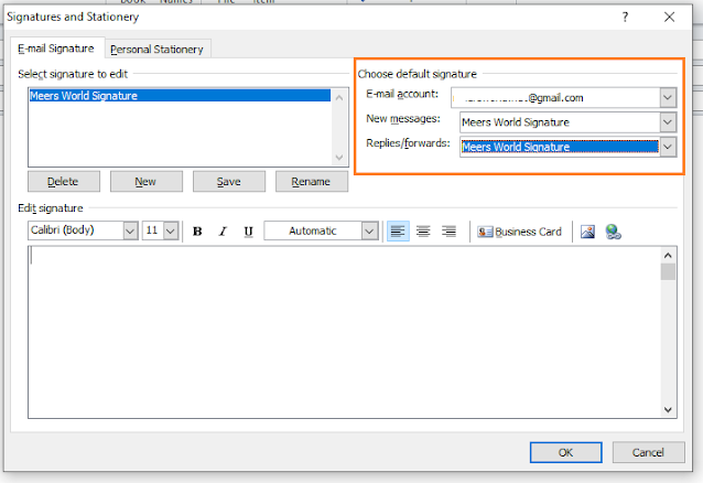 Choose the default signature. Choose E-mail account for your selected Signature. Choose Signature for "New messages". Choose Signature for "Replies/forwards". 