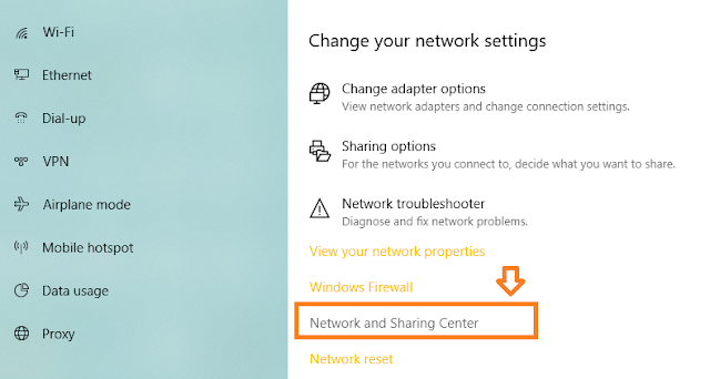 Scroll down to "Change your network settings" section. Click on the "Network and Sharing Center".