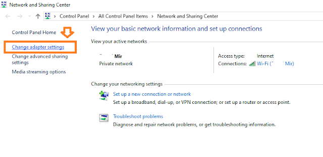 Click on the "Change adapter settings".