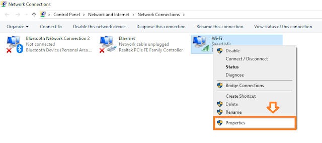 If you are connected via Wi-Fi then right-click on "Wi-Fi" icon or if you are connected via LAN connection, right-click on "Ethernet" icon. Click on the Properties.